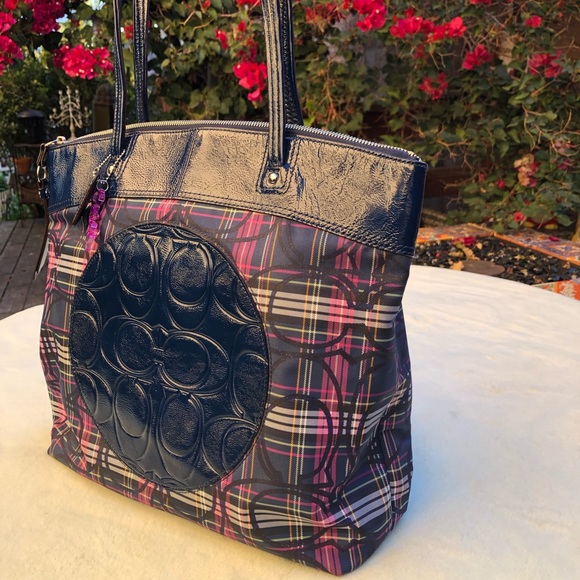 Coach Laura Signature Blue Plaid Multicolor Tartan Canvas Leather Tote Bag - Picture 11 of 12